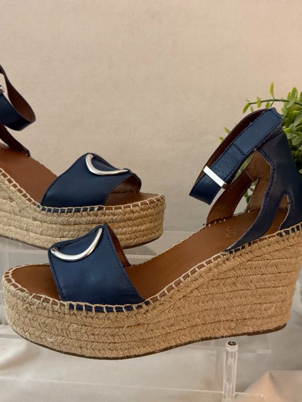 Franco Sarto Touch Navy Leather Espadrille Platform Wedge Sandals • 7.5M